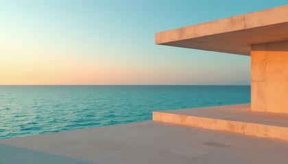 Fototapeta premium Modern concrete seaside structure on calm ocean water at sunset. Clear sky with pastel colours. A peaceful path leads to the waterfront view.