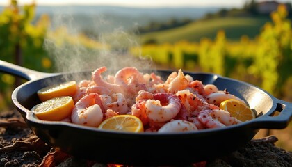 Naklejka premium Seafood mix grills in black iron pan over hot coals outdoors. Fresh shrimp, squid cook with lemon halves near green vineyard hills. Steam rises from hot delicious mediterranean food. Authentic