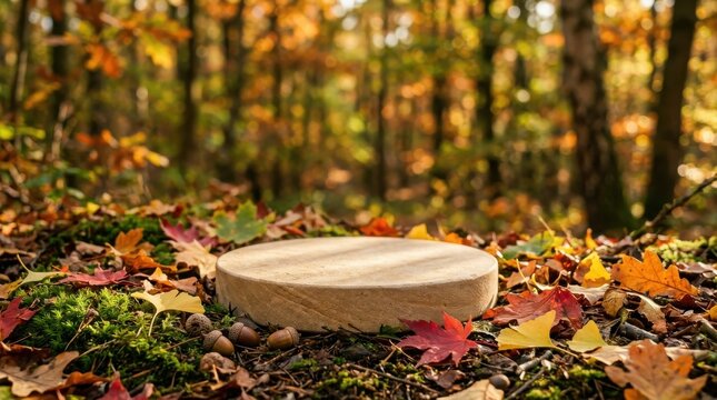 Round wooden podium on mossy forest floor surrounded by autumn leaves and acorns, ideal for product display.