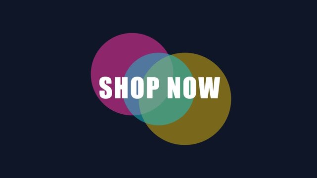 Shop now call to action button with colorful overlapping circles motion for e-commerce marketing and digital advertising animation 4k