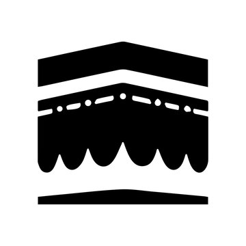 Kaaba Sharif black and white vector icon, minimal Islamic pilgrimage symbol, Holy Kaaba with decorative canopy and dotted detail, isolated on white background