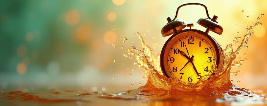 Vintage alarm clock falls into golden liquid creating huge splash. Retro watch hits water surface with intense spray drops. Concept of time urgency deadline stress freshness energy. Blurred bokeh