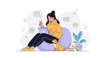 Obraz premium Young Woman Working Remotely with Dog, Freelancer Lifestyle, Digital Nomad, Flat Design