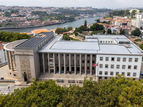 Porto, Portugal - 29 July 2026: Aerial view of the Tribunal da Relacao do Porto, a grand neoclassical building with a colonnaded facade overlooking the Douro River and Porto cityscape.