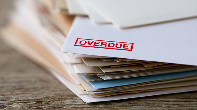 Stack of overdue mail with a red stamp on an envelope, symbolizing financial stress and debt management
