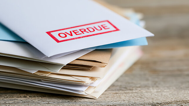 Stack of overdue bills and reminder notices on a rustic wooden table, financial stress, debt, and payment deadlines