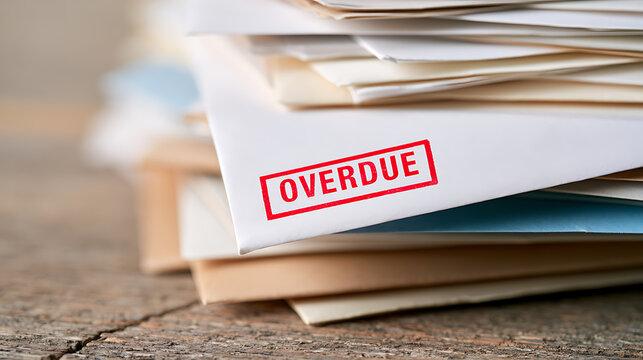 Stack of mail with a prominent red 'OVERDUE' stamp on the top envelope, symbolizing financial urgency and debt issues