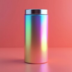 Fototapeta premium Blank cylindrical metal container for herbal tea cosmetic products mockup. Iridescent colorful tube stands on smooth coral surface. Modern holographic design surface creates glossy luxury look.