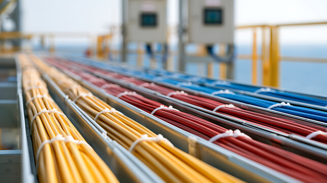 Industrial Cable Tray System with Colorful Electrical Wires in Offshore Plant, Showing Power and Data Connections