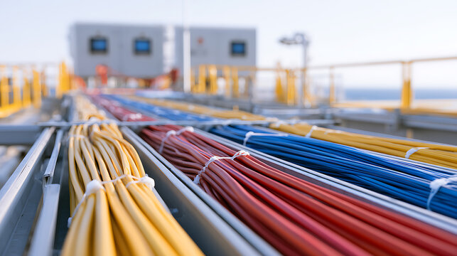 Vibrant Red, Blue, and Yellow Electrical Cables Neatly Arranged in a Cable Tray on an Industrial Platform