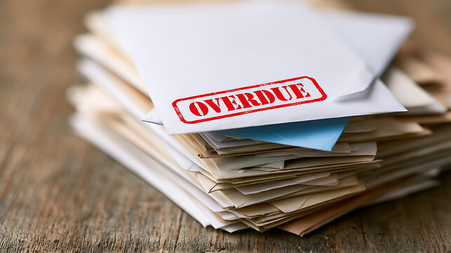 Stack of mail with a prominent red 'OVERDUE' stamp on the top envelope, signifying financial obligation