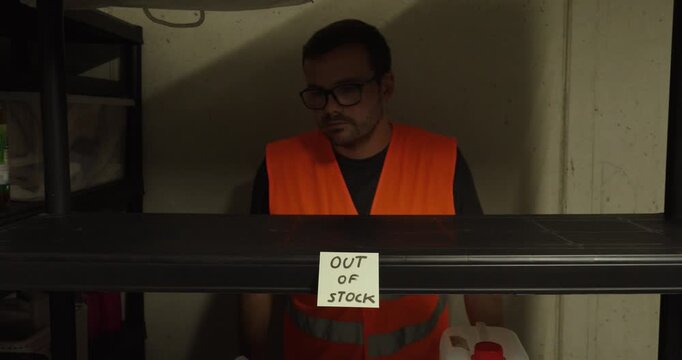Warehouse employee wearing a safety vest standing in front of empty shelving with an "Out of Stock" sign. Perfect for concepts related to inventory shortages, supply chain disruption, warehouse manage