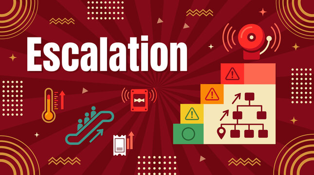Escalation concept banner with alarm bell, warning levels, thermometer rising, escalator, and hierarchy chart illustration