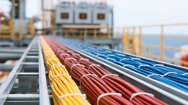 Vibrant Industrial Cable Trays: Organized Electrical Wires for Power and Data Transmission on an Offshore Platform