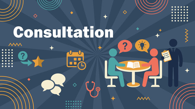 Consultation concept banner with two people meeting at table, speech bubbles, calendar, stethoscope, and clipboard