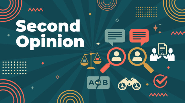 Second opinion concept banner with balance scale, magnifying glasses, chat bubbles, comparison, and binoculars illustration