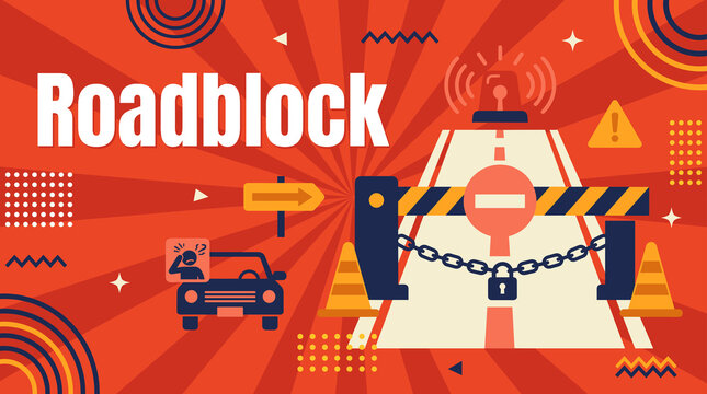 Roadblock concept banner with barricade, traffic cones, siren, chain lock, and frustrated driver illustration