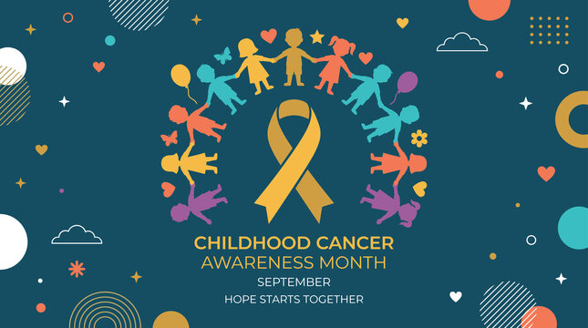 Childhood Cancer Awareness Month September banner with children holding hands in circle around gold ribbon illustration