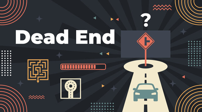 Dead end concept banner with car approaching road sign, maze, loading bar, and keyhole illustration
