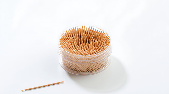 Close up view of wooden toothpicks in a clear plastic container and one toothpick alone on a clean white background