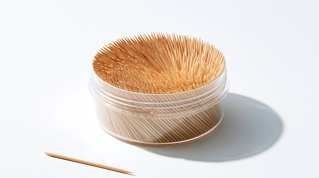 Close-up of numerous wooden toothpicks stand erect in clear container, one toothpick lies flat on white surface