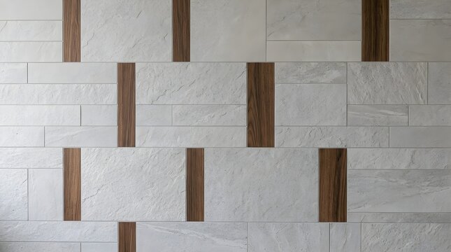 Modern stone wall texture with wood inserts, elegant marble tile background, luxury interior architectural cladding panel.