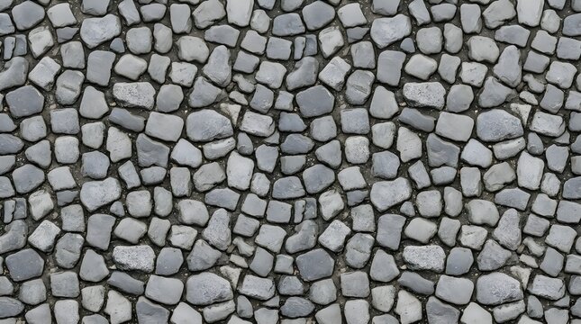 Cobblestone pavement texture, grey stone road background, rustic pebble walkway surface, seamless masonry floor for 3D rendering