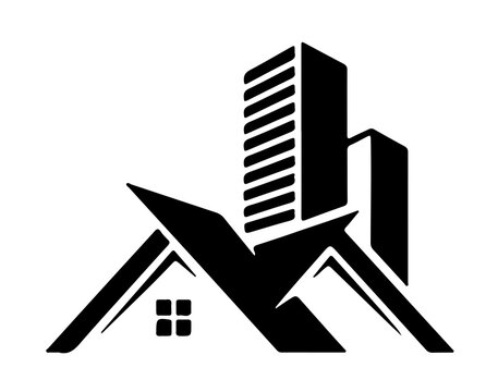 Real estate logo with suburban houses and city skyscrapers vector urban property silhouette