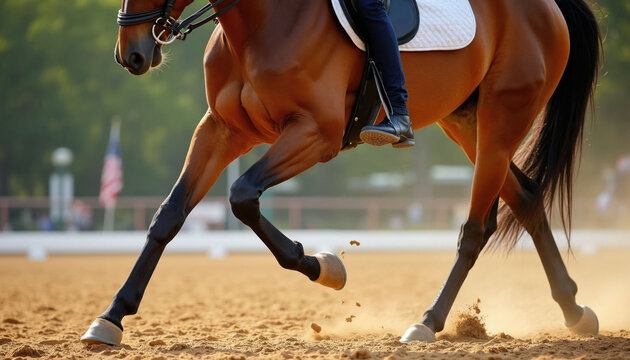 Rider foot rests in metal stirrup bay horse trots on sandy arena surface. Equestrian athlete performs dressage training exercises outdoors. Professional sport horse moves with elegance on track.