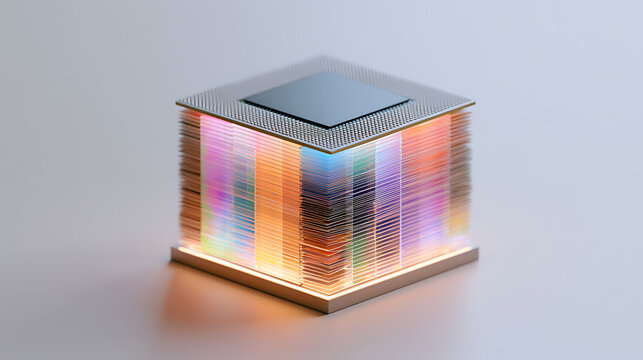 Abstract stack of illuminated microchips, a visual representation of quantum computing or advanced data processing technology