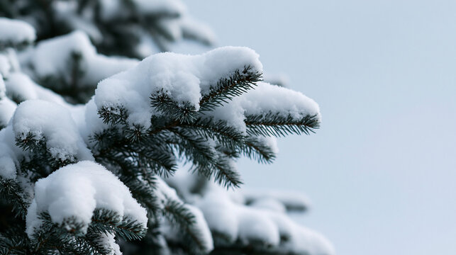 Pine Tree Branches Covered with Fresh Snow in Winter