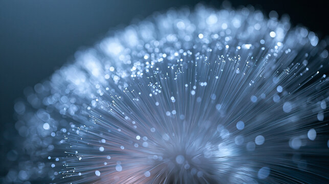 Glowing Blue Fiber Optic Strands Transmitting Data