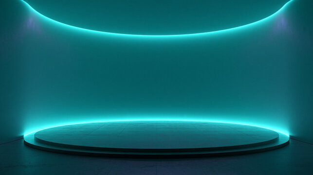 Empty Futuristic Podium with Cyan Neon Light for Product Display