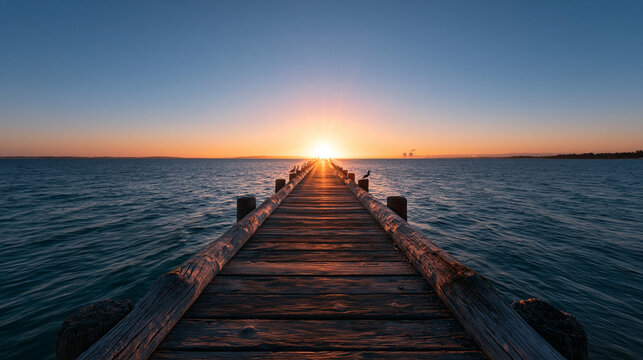 Wooden Pier Extending into Calm Ocean at Sunrise