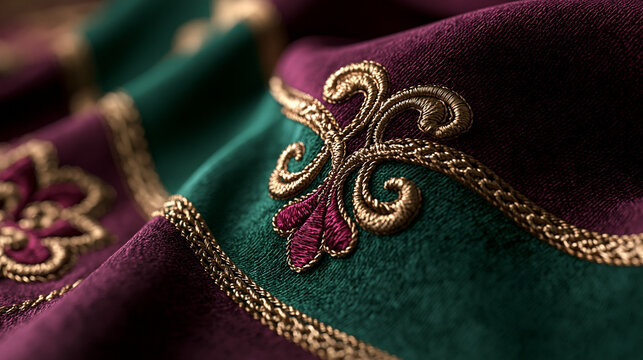 Intricate Gold Embroidery on Royal Purple and Green Velvet