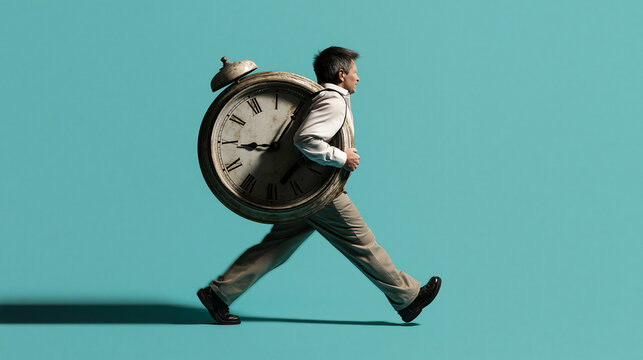 Businessman Carrying Huge Alarm Clock on His Back