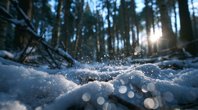 Sparkling Snow on Forest Floor with Winter Sunlight