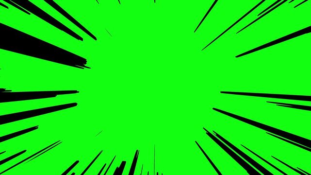 Black radial anime speedlines moving towards center on green background seamless loop