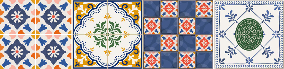 Fototapeta premium Mediterranean tile. Seamless pattern. Vector illustration of floral Italian tiles and mosaics, geometric ornament, Amalfi ceramics for background, fabric, packaging or wrapping