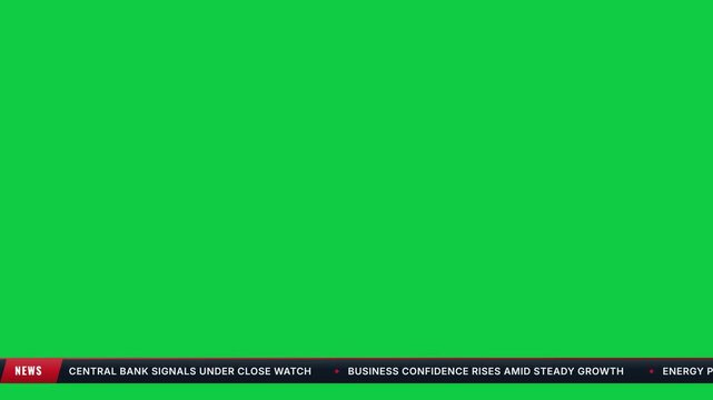 Television news lower third bar with red news badge and scrolling financial news ticker on green screen