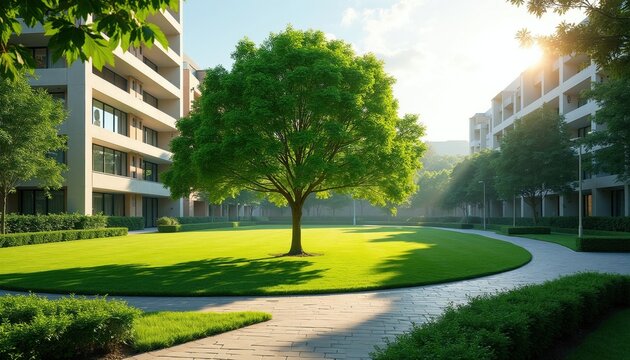 Rich green tree stands in center of city park surrounded by modern residential buildings. Manicured lawn area features paved pathways, bright sunlight rays. Peaceful urban landscape offers relaxation