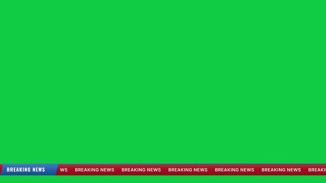 Television breaking news lower third overlay with blue badge and red scrolling headline ticker on green screen