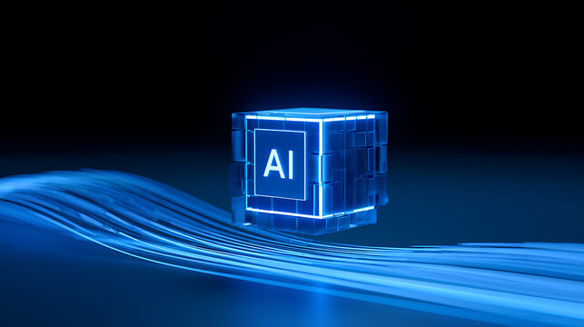 Artificial intelligence concept with glowing blue data cube and abstract waves representing digital flow and technology