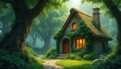Fototapeta premium Stone cottage stands inside dense forest with rich plants, tall trees. Thatched roof home features climbing ivy, warm glowing windows. Small path leads to rustic building entrance during quiet