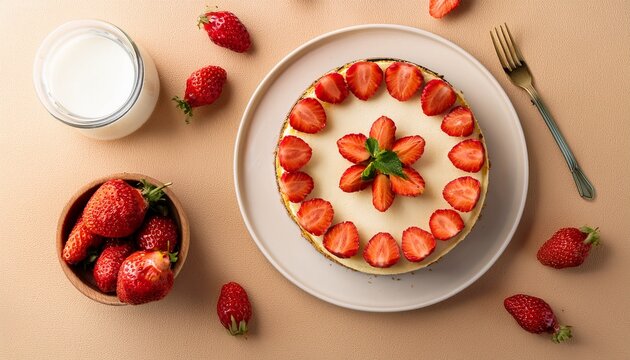 yummy cheesecake with strawberries and milk on beige table flat lay