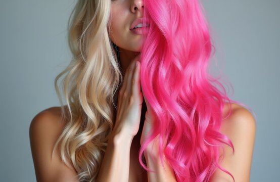 Young woman with long wavy hair shows contrast between natural blonde, bright pink dyed locks. Professional hairdresser work in beauty salon. Healthy shiny curls split in two distinct colors. Model