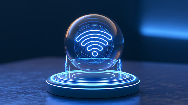 Futuristic Glass Sphere with Glowing WiFi Symbol on a Modern Pedestal Representing Global Connectivity and Technology