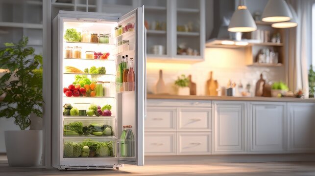 Modern open refrigerator full of fresh healthy food, white fridge with vegetables in bright kitchen, domestic appliance for food storage
