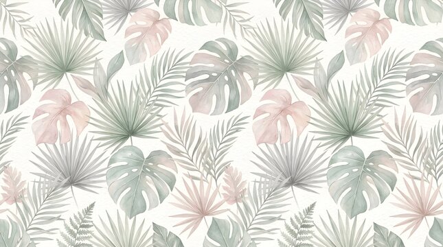 Watercolor tropical leaf pattern, pastel palm and monstera foliage background, soft green and pink botanical wallpaper for elegant textile