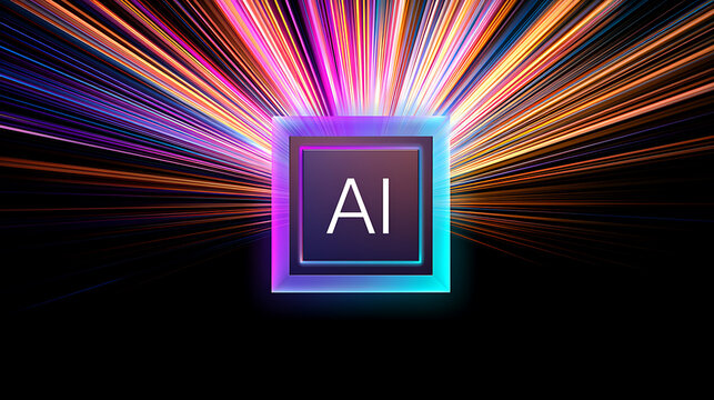 Dynamic AI Icon with Bursting Light Rays on Black Background, Symbolize Technology, Innovation, and Speed